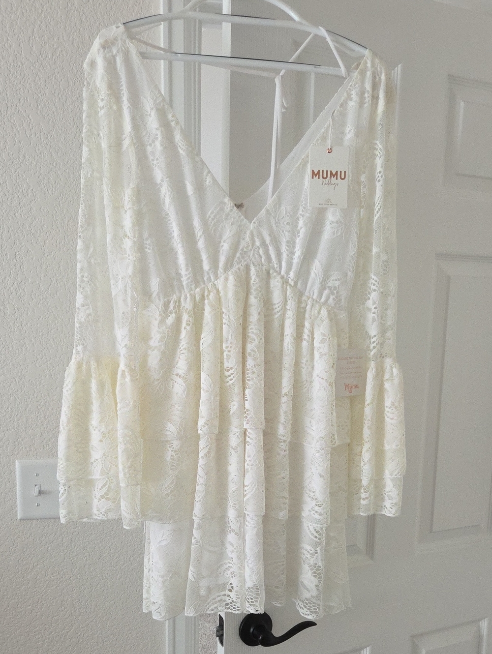 Show Me Your Mumu White Lace Tiered V-Neck Boho Mini Dress